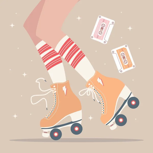 Ilustración dibujada a mano con patas femeninas y calcetines tubulares y patines retro. Ilustración vectorial colorida — Archivo Imágenes Vectoriales