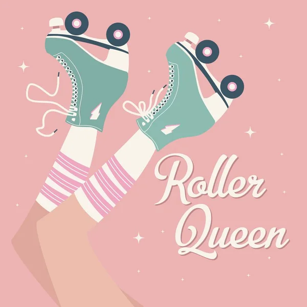 Ilustración dibujada a mano con patas femeninas y calcetines tubulares y patines retro. Ilustración vectorial colorida — Archivo Imágenes Vectoriales