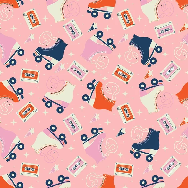 Seamless pattern with roller skates and cassette tapes. Retro hand drawn laced boots, colorful vector illustration — 스톡 벡터