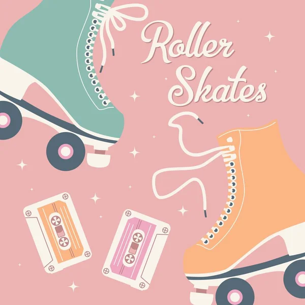 Hand drawn illustration with retro roller skates and cassette tapes. Colorful vector illustration — Stok Vektör