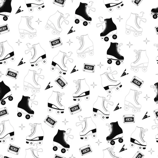 Seamless pattern with roller skates and cassette tapes. Retro hand drawn laced boots, black and white vector illustration — Stock Vector