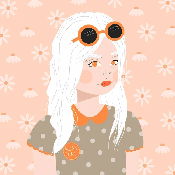 Portrait Young Girl White Hair Sunglasses Dotted Shirt Pink Background — Stock Vector