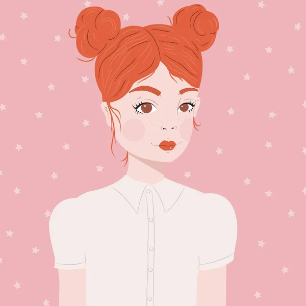 赤い髪と二重のパンを持つ少女の肖像画 白いブラウスで ピンクの背景に白い星 平らなベクトルのイラスト — ストックベクタ