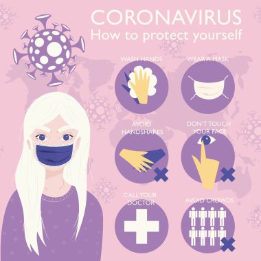 Coronavirus 2019-NCov için tıbbi maske takan genç bir kızın bilgileri. Önleme için virüs salgını verileri. Düz vektör illüstrasyonu