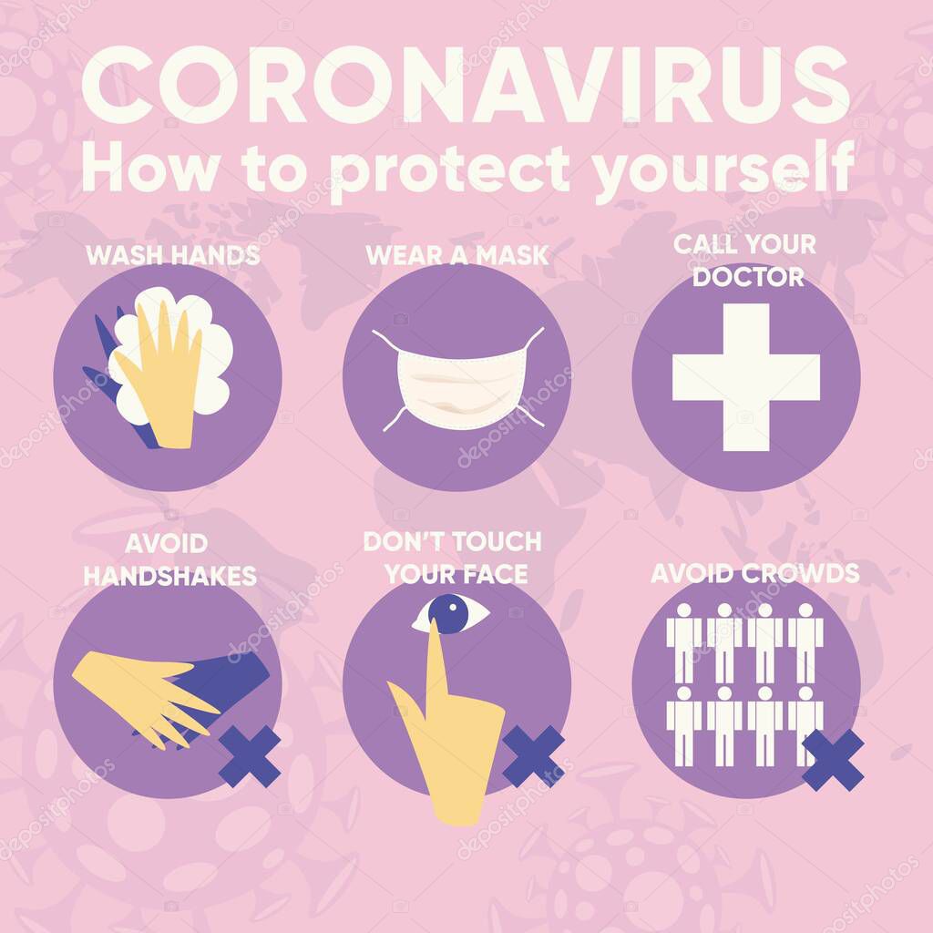 Infographic for coronavirus 2019-nCov. Virus outbreak data for prevention. Flat vector illustration