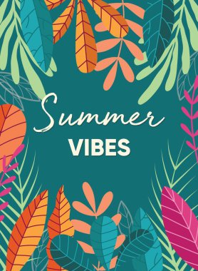 Koyu yeşil arka planda tropik bitki örtüsü ve tipografi sloganı olan tropik bitki tasarımı. Egzotik bitki koleksiyonu. Renkli düz vektör illüstrasyonu