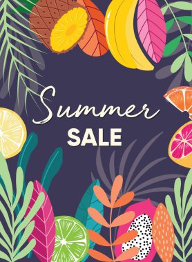 Yaz için tipografi sloganı ve koyu mor arka planda taze meyve içeren egzotik meyve ve tropikal bitkiler poster tasarımı. Tropikal meyve ve bitki koleksiyonu. Renkli düz vektör illüstrasyonu