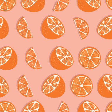 Meyvesiz desen, turuncu yarımlar ve pembe arka planda gölgeli dilimler. Yazın canlı tasarımı. Egzotik tropikal meyve. Renkli vektör illüstrasyonu