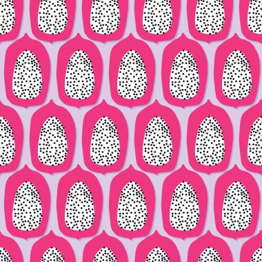 Meyvesiz, pürüzsüz desen, açık mor arka planda gölgesi olan papaya yarıları. Yazın canlı tasarımı. Egzotik tropikal meyve. Renkli vektör illüstrasyonu