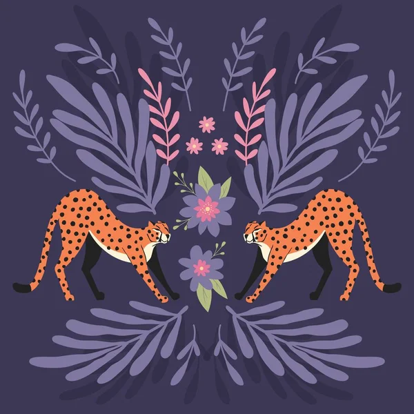 Dva Roztomilí Ručně Kreslené Gepardi Táhnoucí Tmavě Fialovém Pozadí Exotickými — Stockový vektor