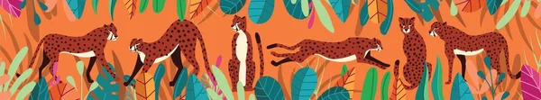 Kolekce Roztomilých Ručně Kreslených Gepardů Oranžovém Tropickém Pozadí Stojící Natahující — Stockový vektor