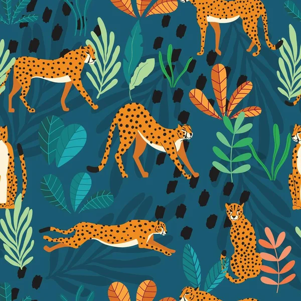 Bezproblémový Vzor Ručně Kreslenými Exotickými Velkými Kočičími Gepardy Tropickými Rostlinami — Stockový vektor