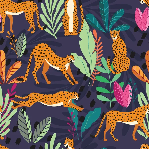 Seamless Pattern Hand Drawn Exotic Big Cat Cheetahs Tropical Plants — Stock Vector