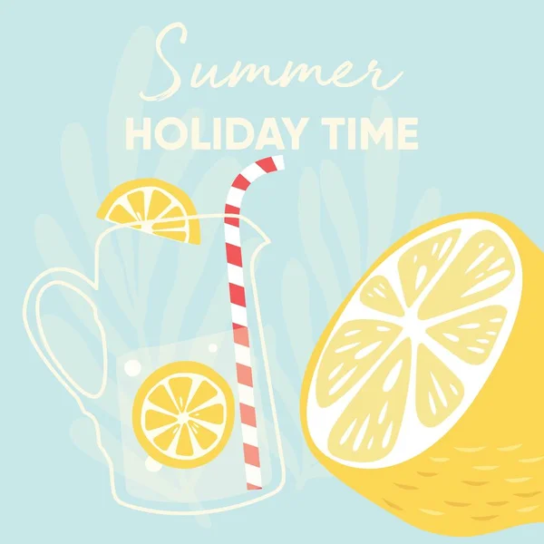 水果设计 夏季假日印刷标语和新鲜柠檬水果和柠檬水浅蓝色背景 彩色平面矢量插图 — 图库矢量图片