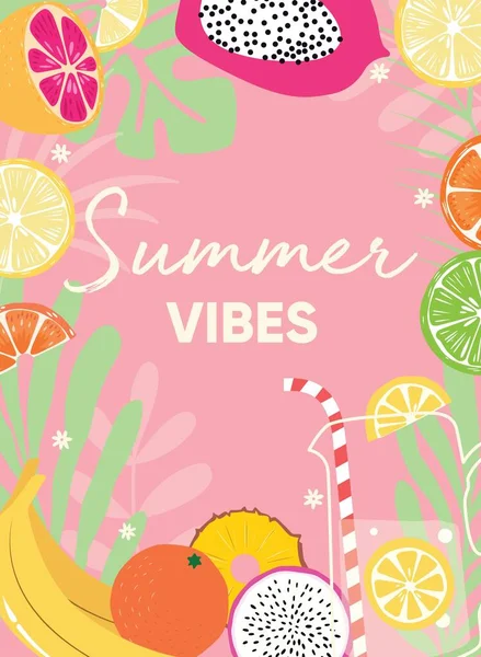夏の果物のデザインは タイポグラフィのスローガンとピンクの背景に新鮮な果物やレモネードを振動します 熱帯果物や植物のコレクション カラフルなフラットベクトルイラスト — ストックベクタ