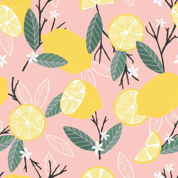Плоды Безморщинистого Узора Лимоны Ветвями Листьями Розовом Фоне Летний Яркий — стоковый вектор