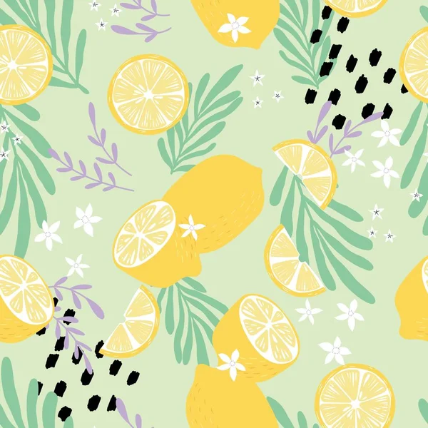 Фруктовый Бесшовный Узор Лимоны Тропическими Листьями Цветы Абстрактные Элементы Светло — стоковый вектор