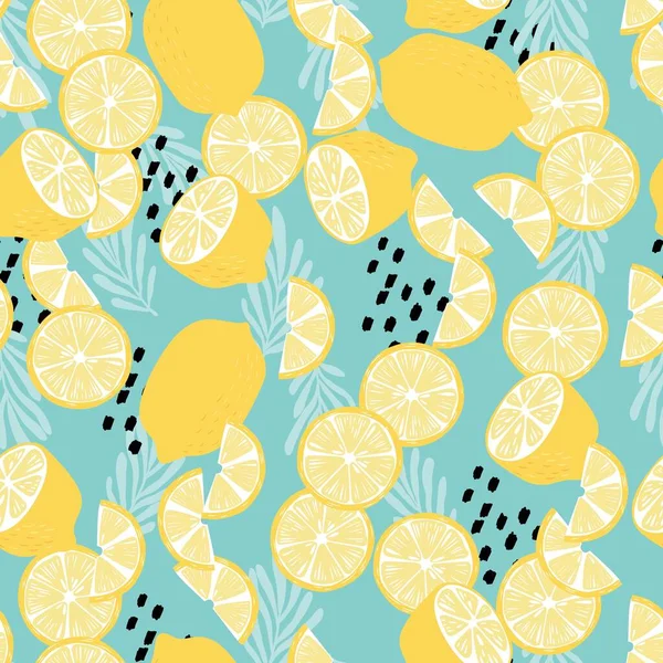 Фруктовый Бесшовный Узор Лимоны Тропическими Листьями Абстрактные Элементы Светло Голубом — стоковый вектор