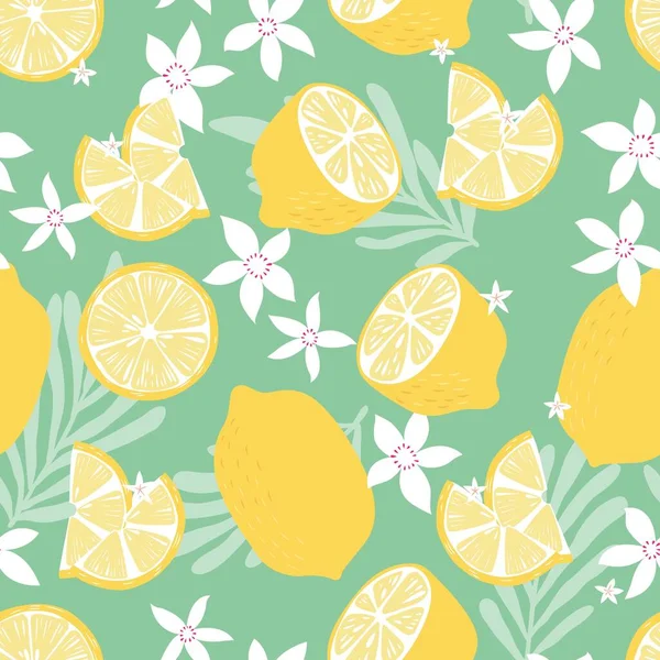 Motif Sans Couture Aux Fruits Citrons Aux Feuilles Tropicales Fleurs — Image vectorielle