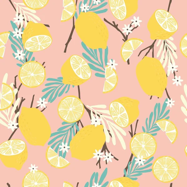 Fruit Seamless Pattern Lemons Branches Tropical Leaves Flowers Pink Background — Stock Vector