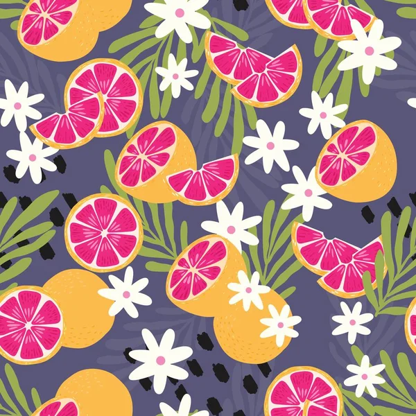 Motif Sans Couture Fruité Pamplemousse Aux Feuilles Tropicales Fleurs Éléments — Image vectorielle