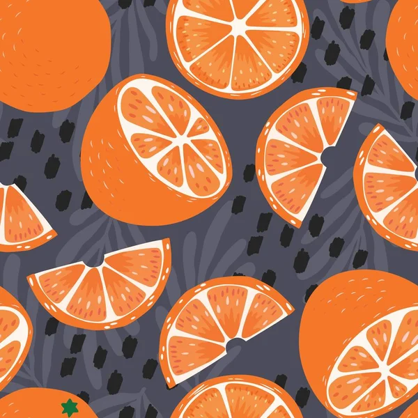 Фруктовый Бесшовный Рисунок Оранжевые Половинки Ломтики Тропическими Листьями Абстрактными Элементами — стоковый вектор