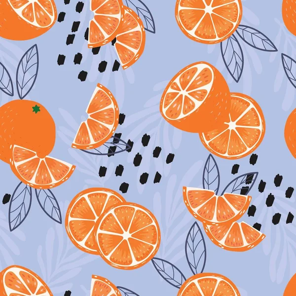 Фруктовый Бесшовный Узор Апельсины Листьями Абстрактные Элементы Ярко Голубом Фоне — стоковый вектор