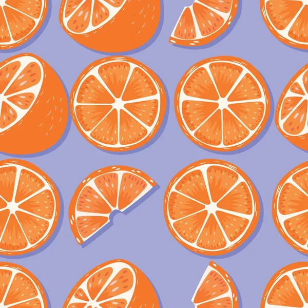 Owocowy Bezszwowy Wzór Pomarańcze Cieniem Fioletowym Tle Letni Żywy Design — Wektor stockowy