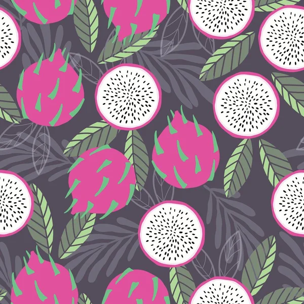 Modèle Sans Couture Fruits Fruit Dragon Avec Des Feuilles Tropicales — Image vectorielle