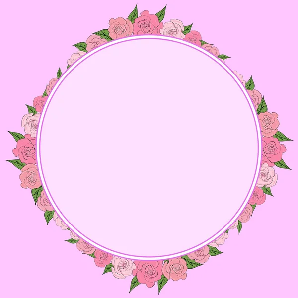 A round frame of roses with leaves of different sizes with space for text. Tenderness, wedding — Stock Vector