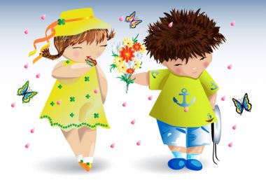 Bir T-shirt ile bir bağlantı verir bir buket sarı bir kıza elbise ve şapka, etrafımda kelebek ve çiçek yaprakları sinek, romantik, tarih içinde bir oğlan