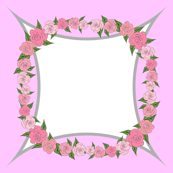 Una cornice quadrangolare concava decorata con ghirlanda di rose con foglie di diverse dimensioni con spazio per il testo. matrimonio — Vettoriale Stock