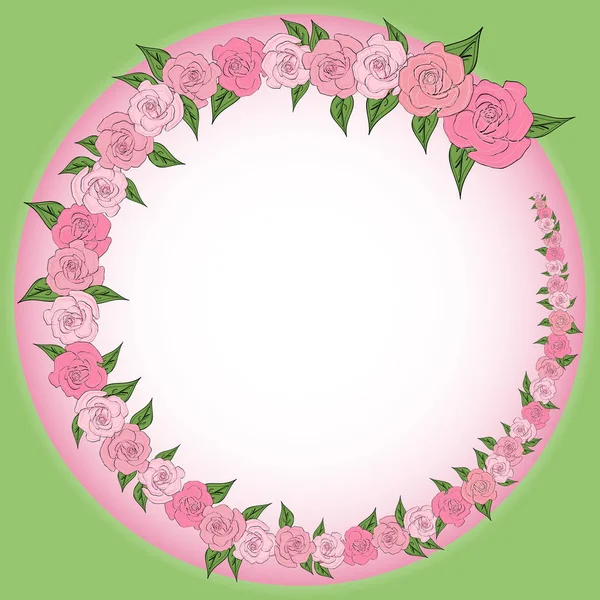 Круглая рамка, украшенная венком из постепенно уменьшающихся, увеличивающих розы с листьями, свадьбы — стоковый вектор