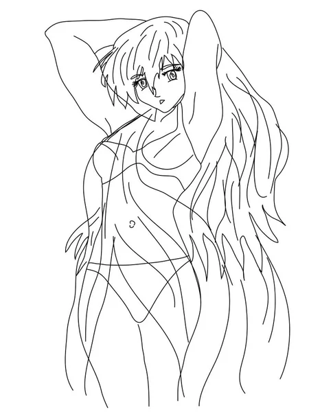 Młoda, Ładna dziewczyna w strój kąpielowy i pareo, malowane z konturu w stylu anime, z włosami długo płynąć, pozowanie. Szkic, kolorowanki — Wektor stockowy