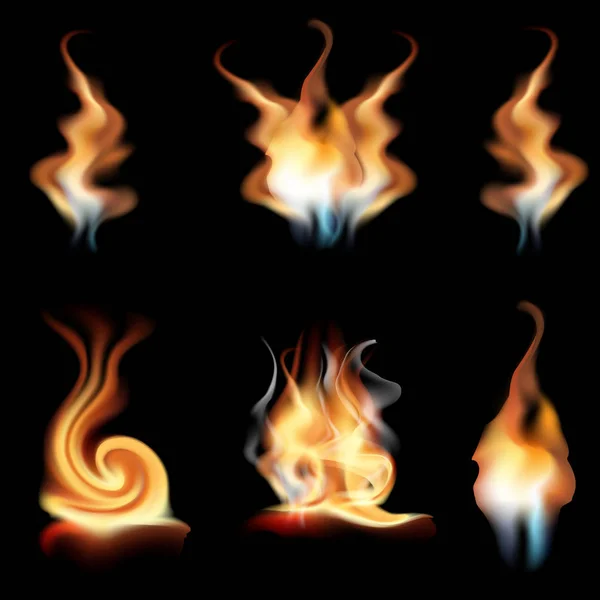 Vecteur réaliste collection de flammes de feu isolé sur fond noir. Épinettes brûlantes de l'effet de flamme avec des étincelles — Image vectorielle