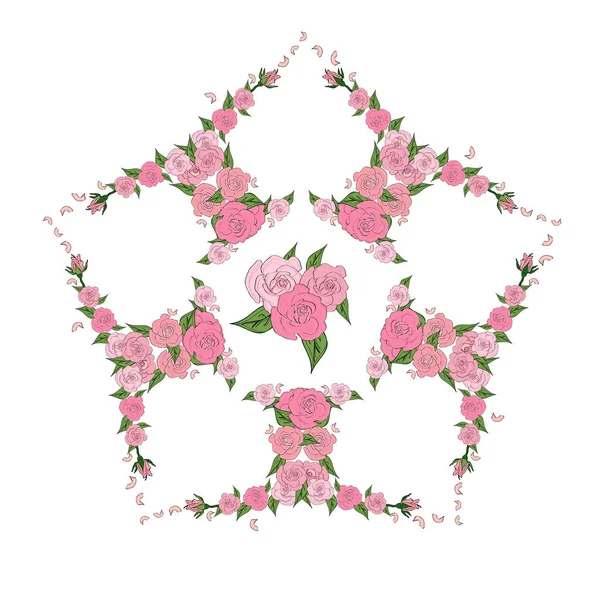 Stella, un fiore di cinque cuori composto da rose delicate con un bouquet al centro — Vettoriale Stock