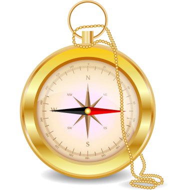 Altın Pusula ile bir altın zincir üzerinde bir rüzgar gülü. Kuzey, Güney, Batı, Doğu, coğrafya, koordinatları, yön