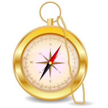 Altın Pusula ile bir altın zincir üzerinde bir rüzgar gülü. Kuzey, Güney, Batı, Doğu, coğrafya, koordinatları, yön