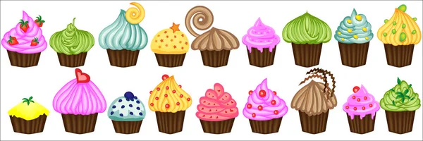 Conjunto vectorial de cupcakes de colores. Cupcakes decorados con cereza, fresa y chocolate. Cupcakes vector ilustración . — Archivo Imágenes Vectoriales