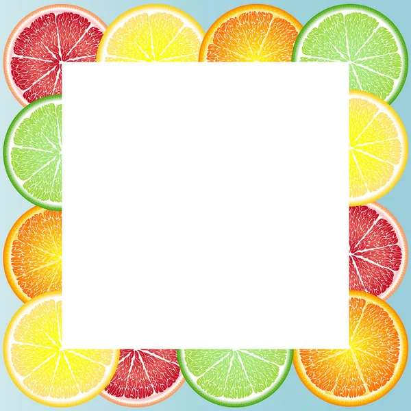 Alegre, brillante marco de círculos de cítricos: naranja, limón, pomelo, lima. Tarjeta de felicitación — Vector de stock