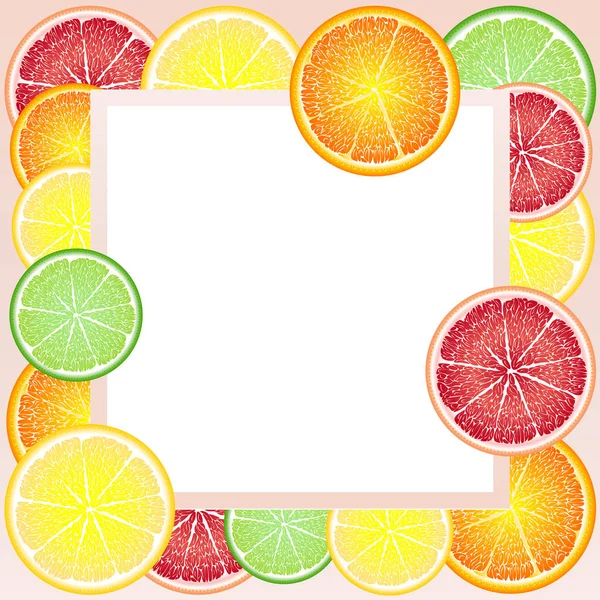 Alegre, brillante marco de círculos de cítricos: naranja, limón, pomelo, lima. Tarjeta de felicitación — Vector de stock