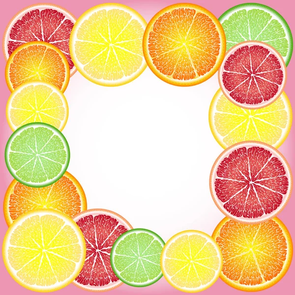 Alegre, brillante marco de círculos de cítricos: naranja, limón, pomelo, lima. Tarjeta de felicitación — Vector de stock