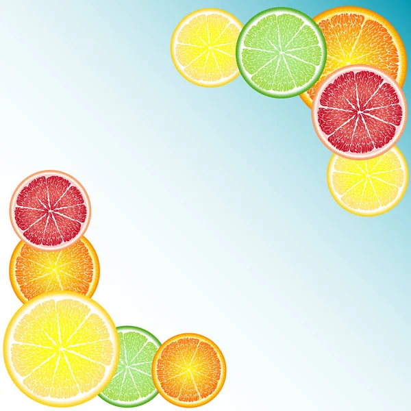 Alegre, brillante marco de círculos de cítricos: naranja, limón, pomelo, lima. Tarjeta de felicitación — Vector de stock