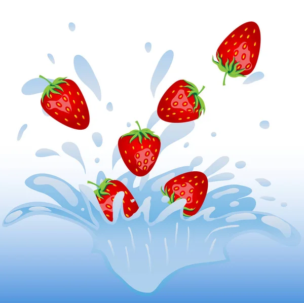 Owoce, jagody, popadania w wodzie, truskawki. Plusk wody. Krople, latające w powietrzu, natrysk — Wektor stockowy