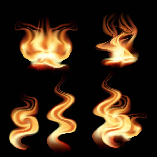 Vector realistische brand vlammen collectie geïsoleerd op zwarte achtergrond. Spruts van vlam effect met branden sparkles — Stockvector
