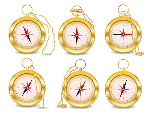 Набор из шести золотых компасов с розой ветра на золотой цепи. Север, юг, запад, восток, география, координаты, направления — стоковый вектор