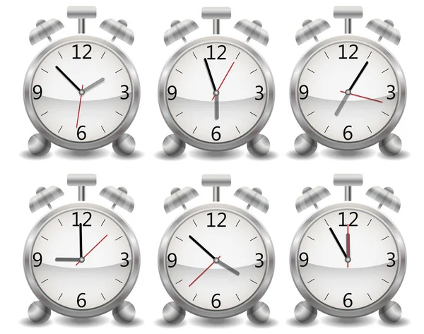 Set Metal mechanical realistic alarm clock, ringing clock, different time of day — Stock Vector