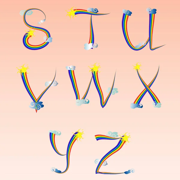 Alfabeto inglês, letras escritas em um contorno iridescente, decoradas com nuvens e o sol. Curl, arco-íris. Gramática, ortografia, aprendizagem — Vetor de Stock