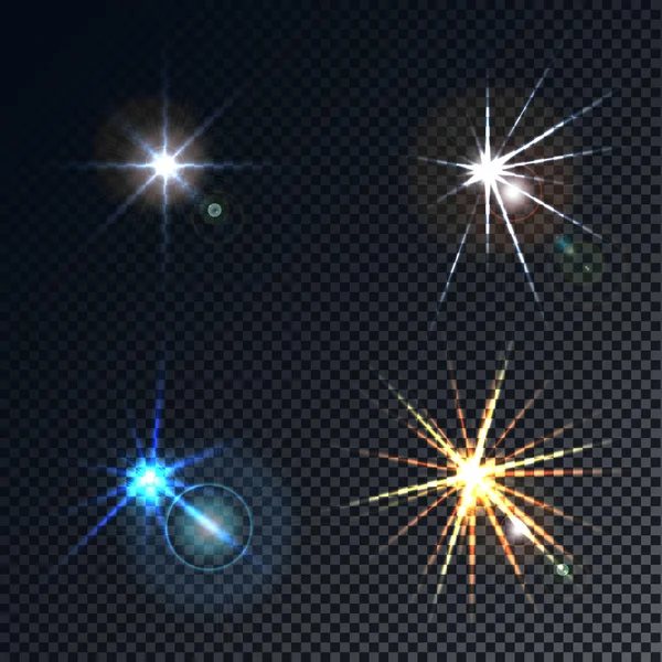 Een set van vier hoogtepunten, sterren, auroras van wit naar blauw en geel — Stockvector