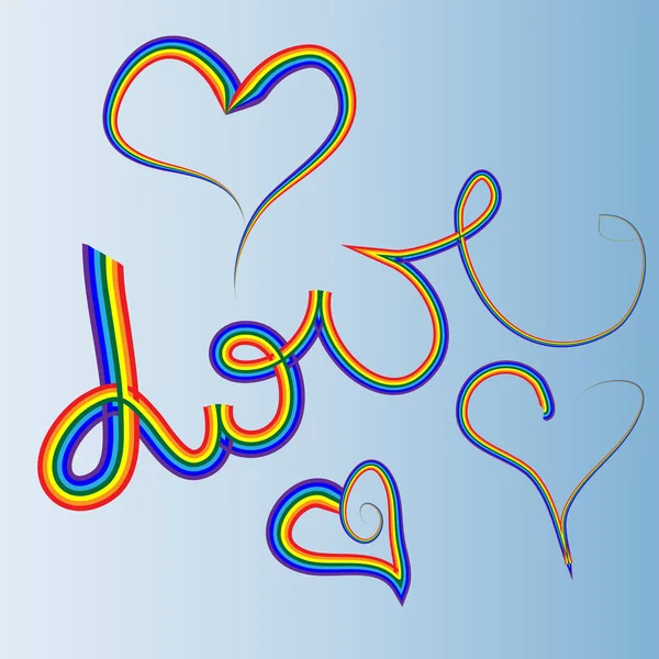 A palavra amor e corações desenhados por um contorno de arco-íris — Vetor de Stock
